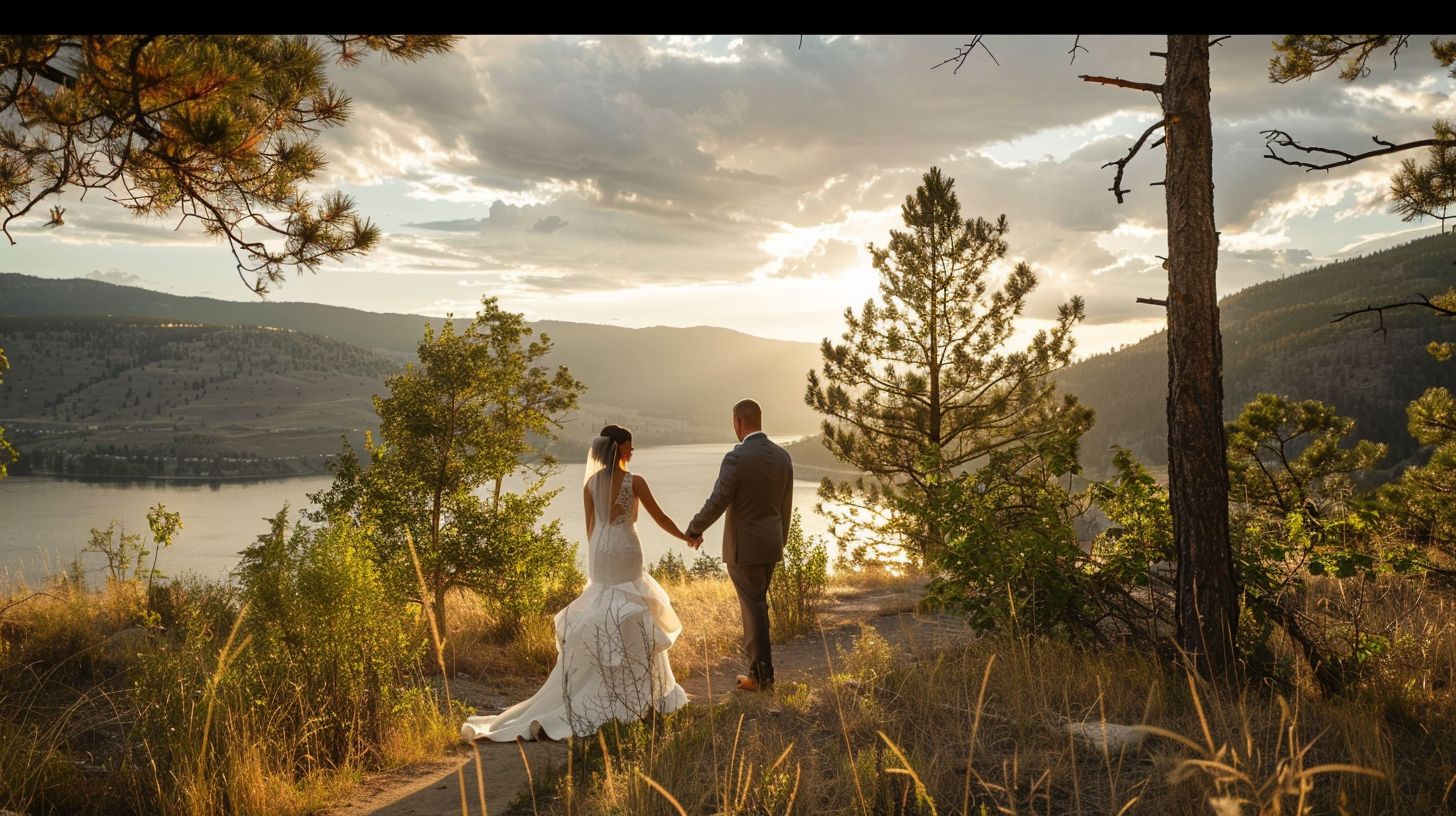 A bride and groom hold hands at a scenic wedding venue captured in wide-angle landscape photography.