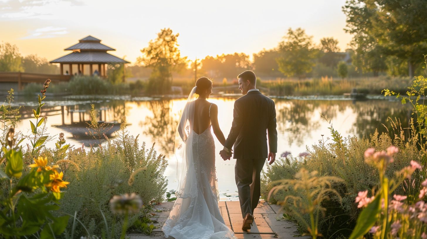 A bride and groom hold hands at a scenic wedding venue captured in wide-angle landscape photography.