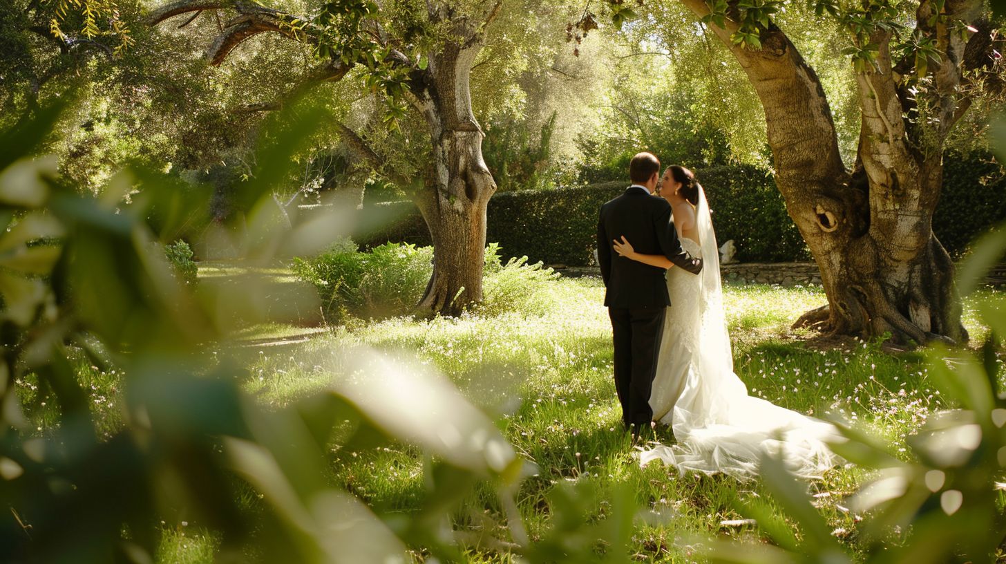 A newlywed couple takes elegant outdoor wedding photos at La Casa Toscana.