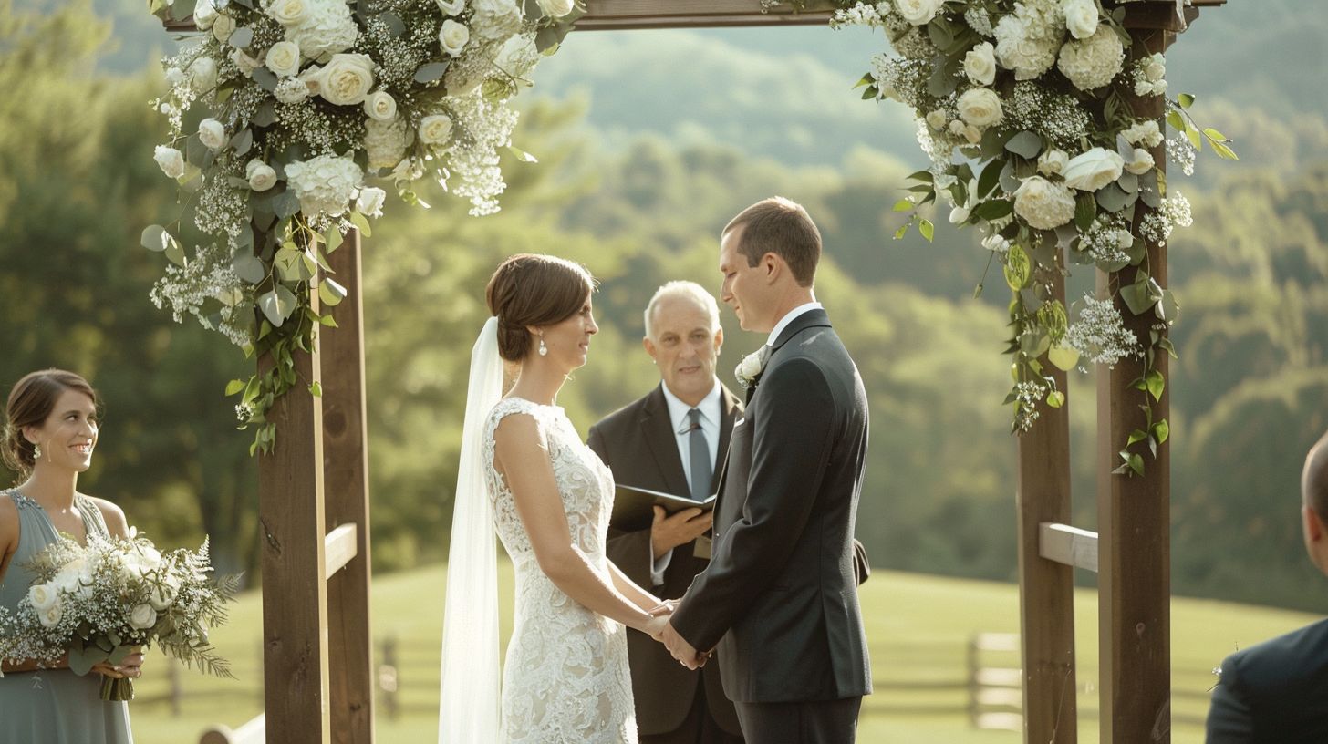 A bride and groom exchange vows under a floral arch in a lush outdoor space.