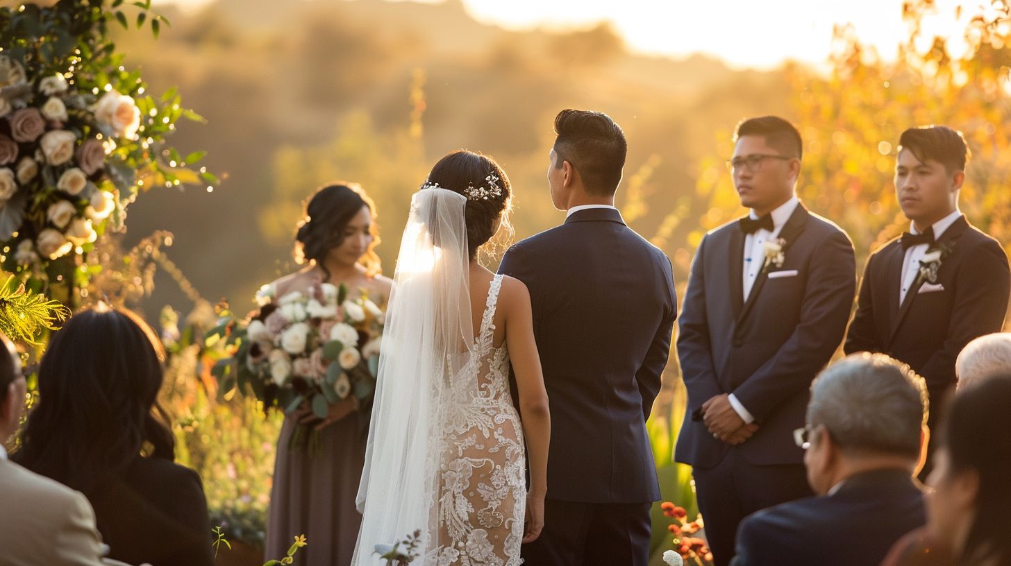 A bride and groom exchange vows in a picturesque outdoor ceremony space captured by a wedding photographer.