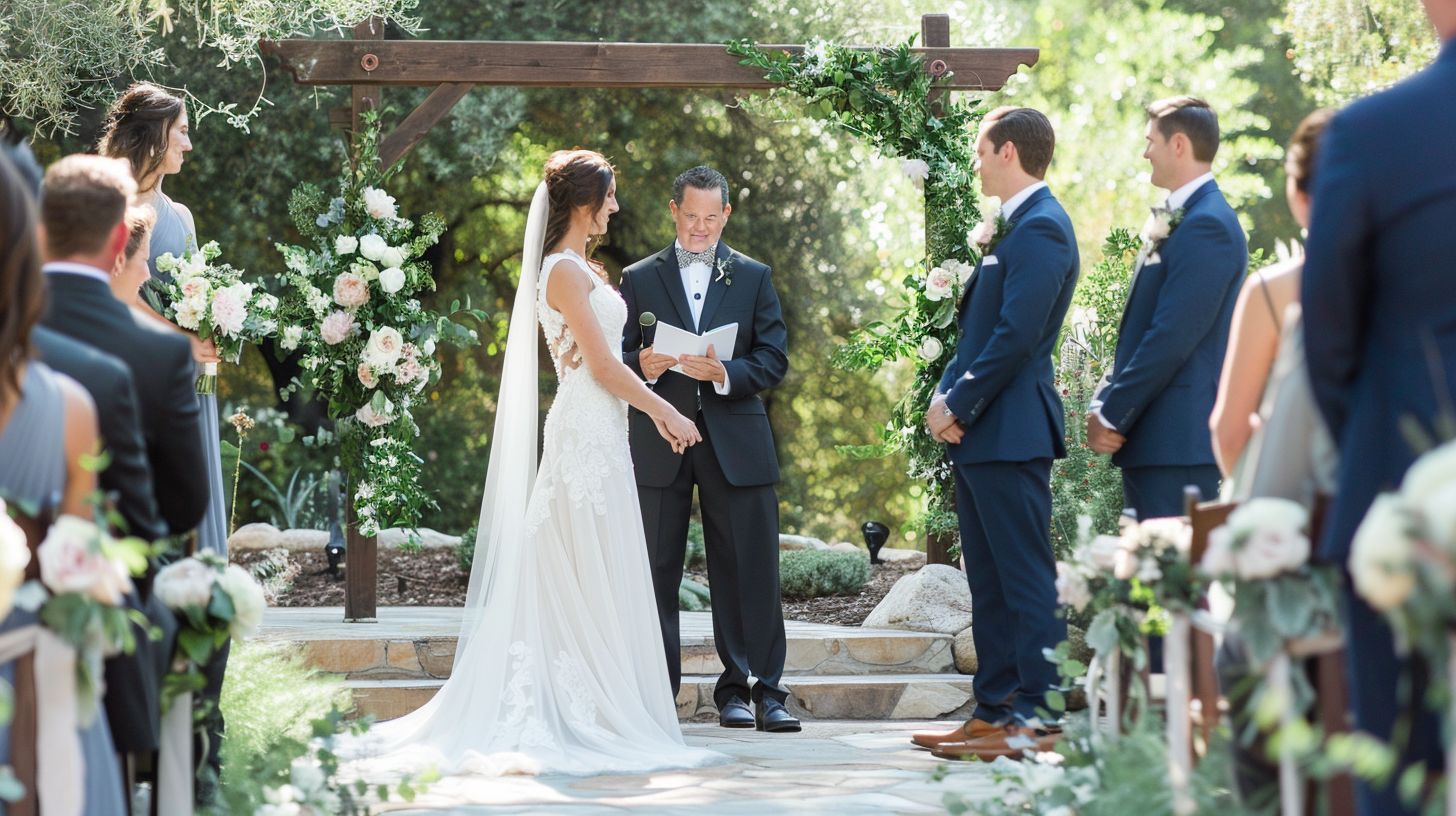 A bride and groom exchange vows in a picturesque outdoor ceremony space captured by a wedding photographer.