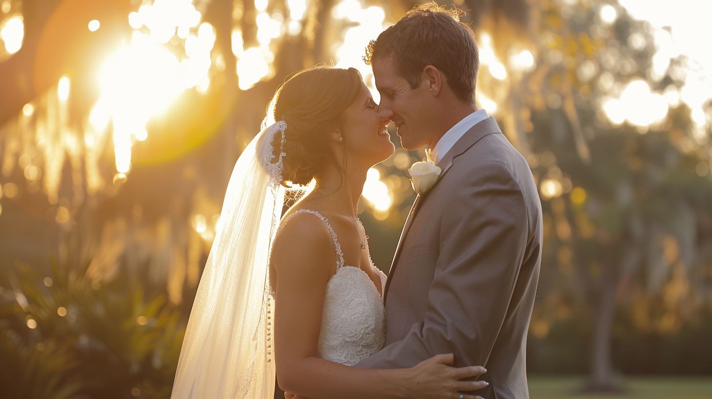 A newlywed couple kisses under the sunset at the Powel Crosley Estate in Sarasota.