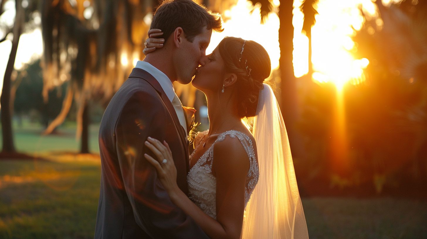 A newlywed couple kisses under the sunset at the Powel Crosley Estate in Sarasota.