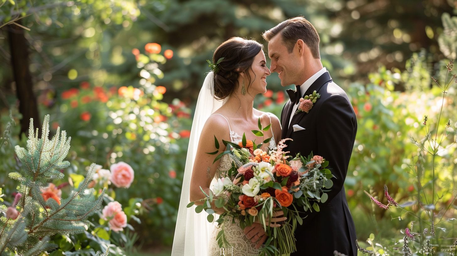 A newlywed couple is photographed in the lush gardens of Denver's Richards-Hart Estate.