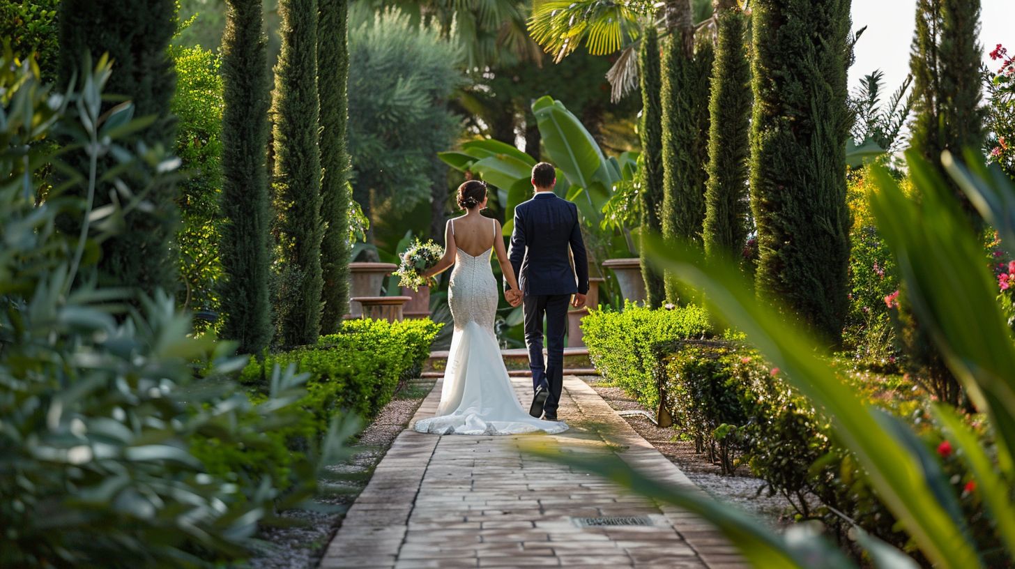 A bride and groom walk hand in hand through Mediterranean-inspired gardens in a nature photography scene.