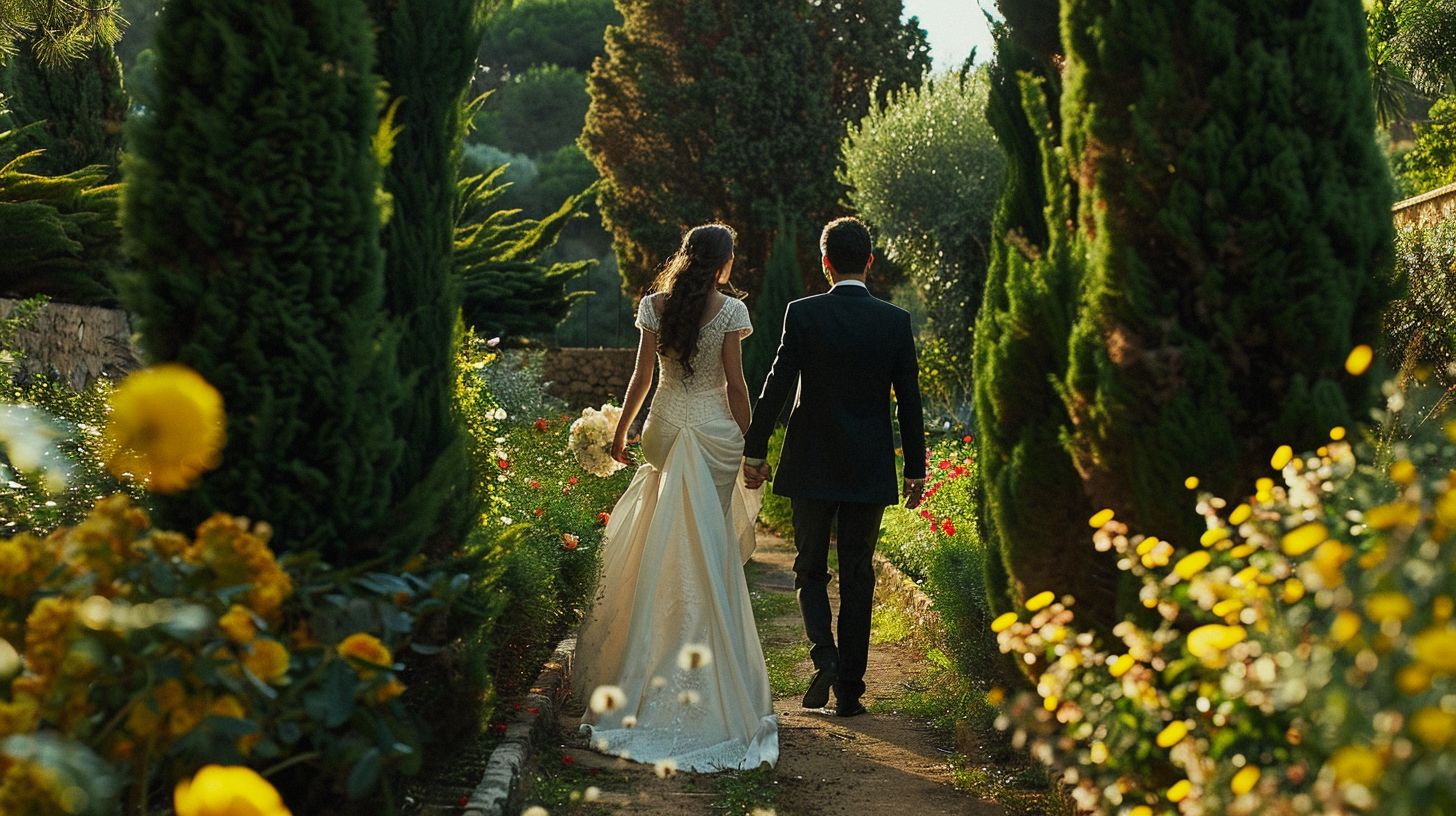 A bride and groom walk hand in hand through Mediterranean-inspired gardens in a nature photography scene.