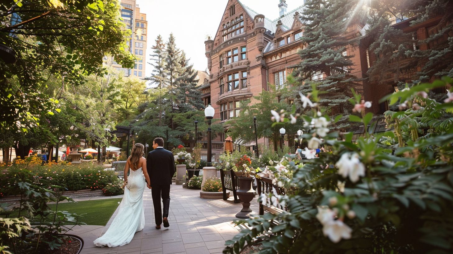 'A bride and groom walking through the elegant grounds of The Denver Athletic Club, captured with a wide-angle lens.'