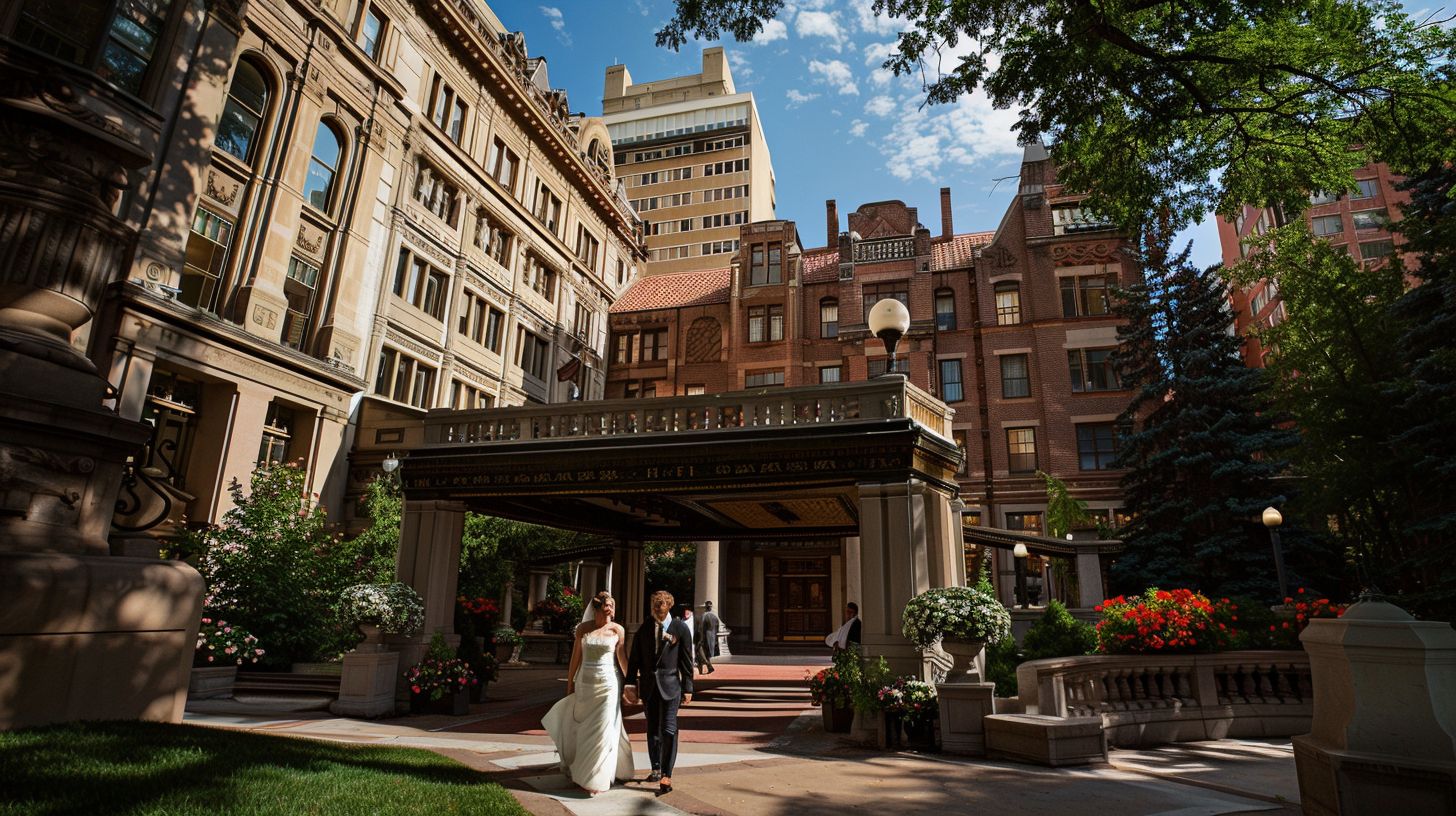 'A bride and groom walking through the elegant grounds of The Denver Athletic Club, captured with a wide-angle lens.'