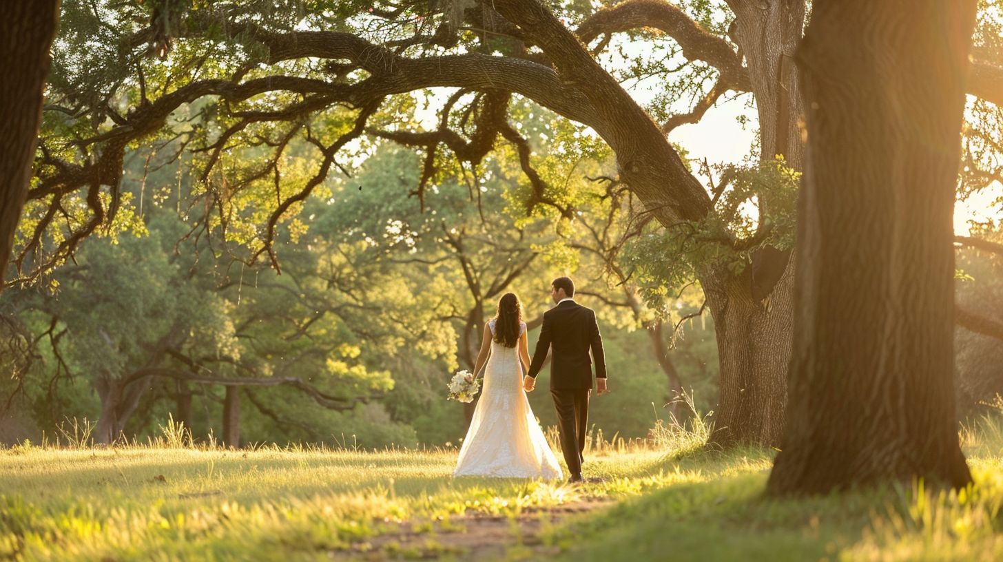 A newlywed couple captured the scenic beauty of The Oaks at Plum Creek with a DSLR camera.