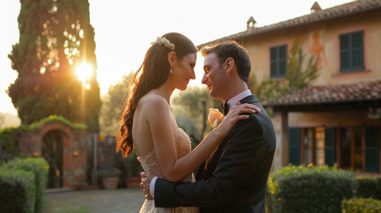A bride and groom stand facing each other in front of a rustic Tuscan-inspired wedding venue.