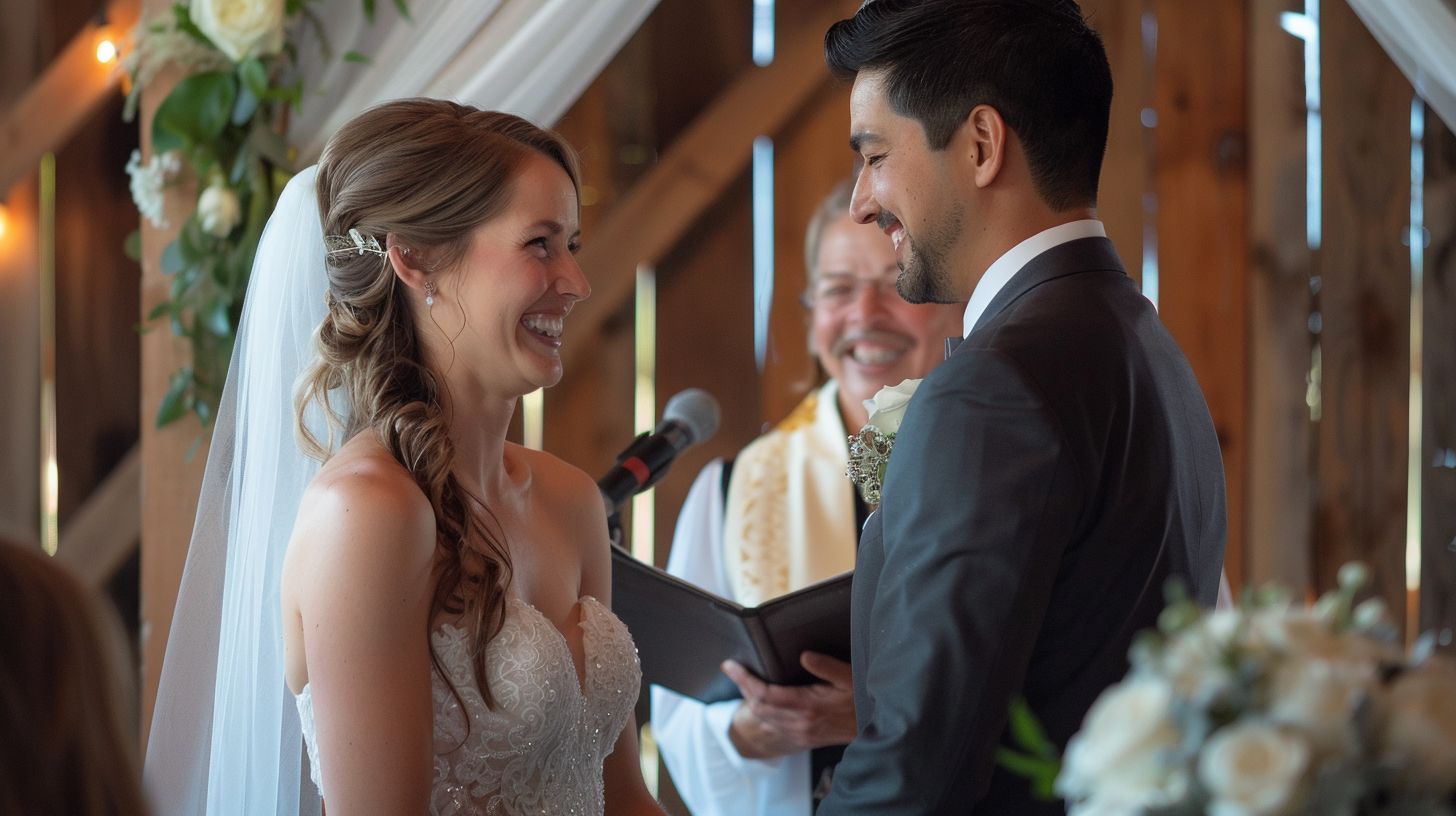 A joyful couple exchanges vows in a rustic barn wedding venue.