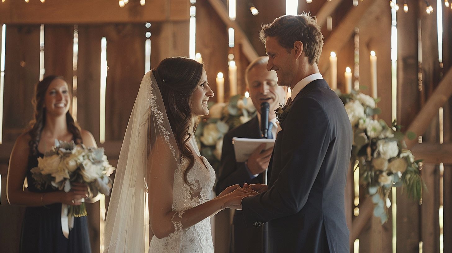 A joyful couple exchanges vows in a rustic barn wedding venue.