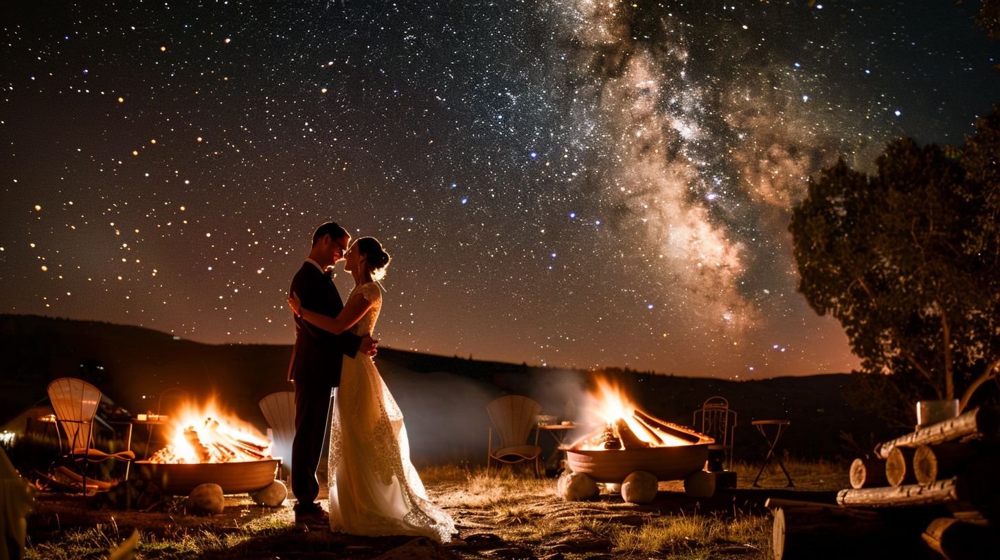 A bride and groom pose under a starlit sky near fire pits using a DSLR camera.
