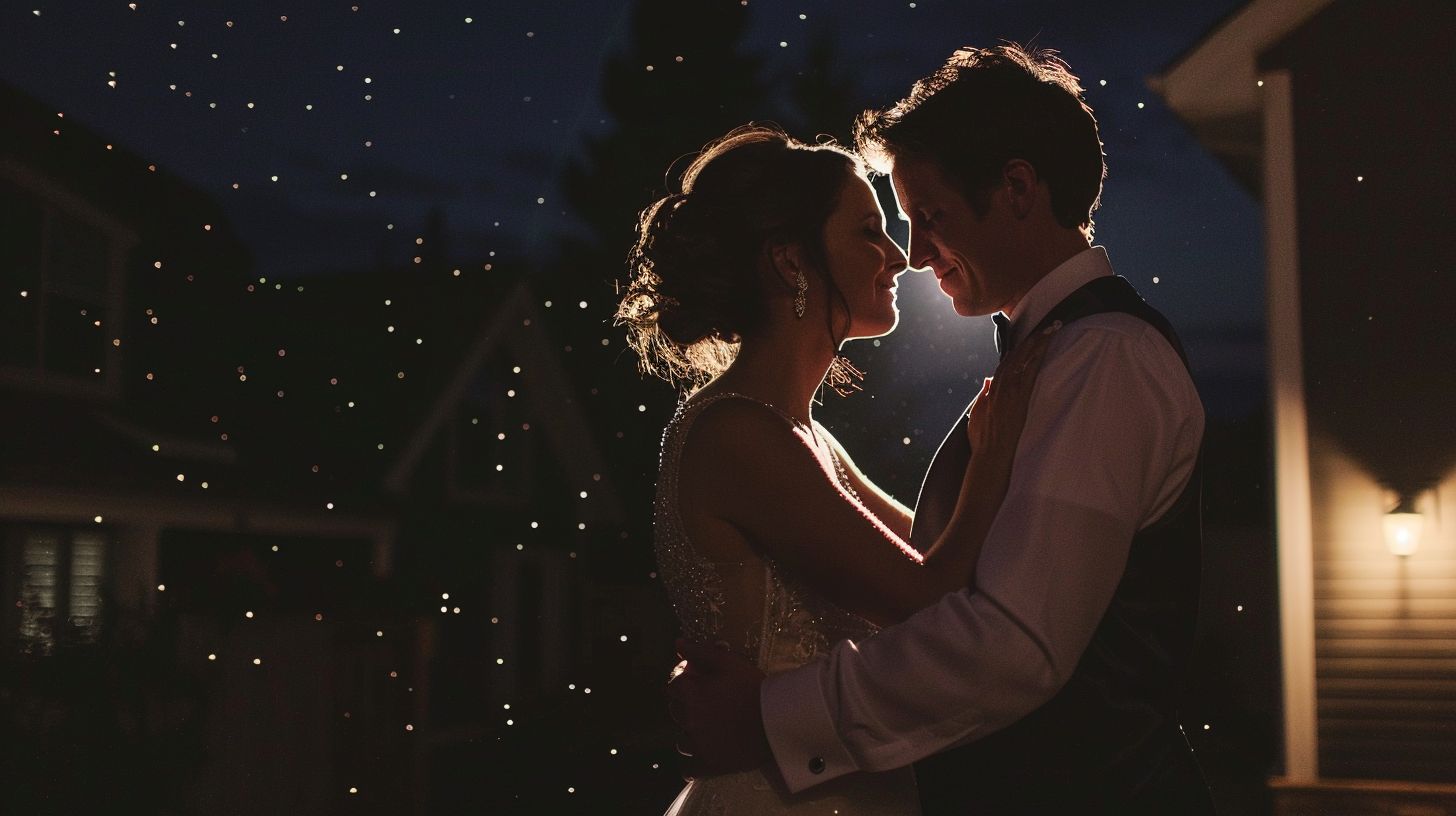 A bride and groom embrace under the stars in a courtyard setting.
