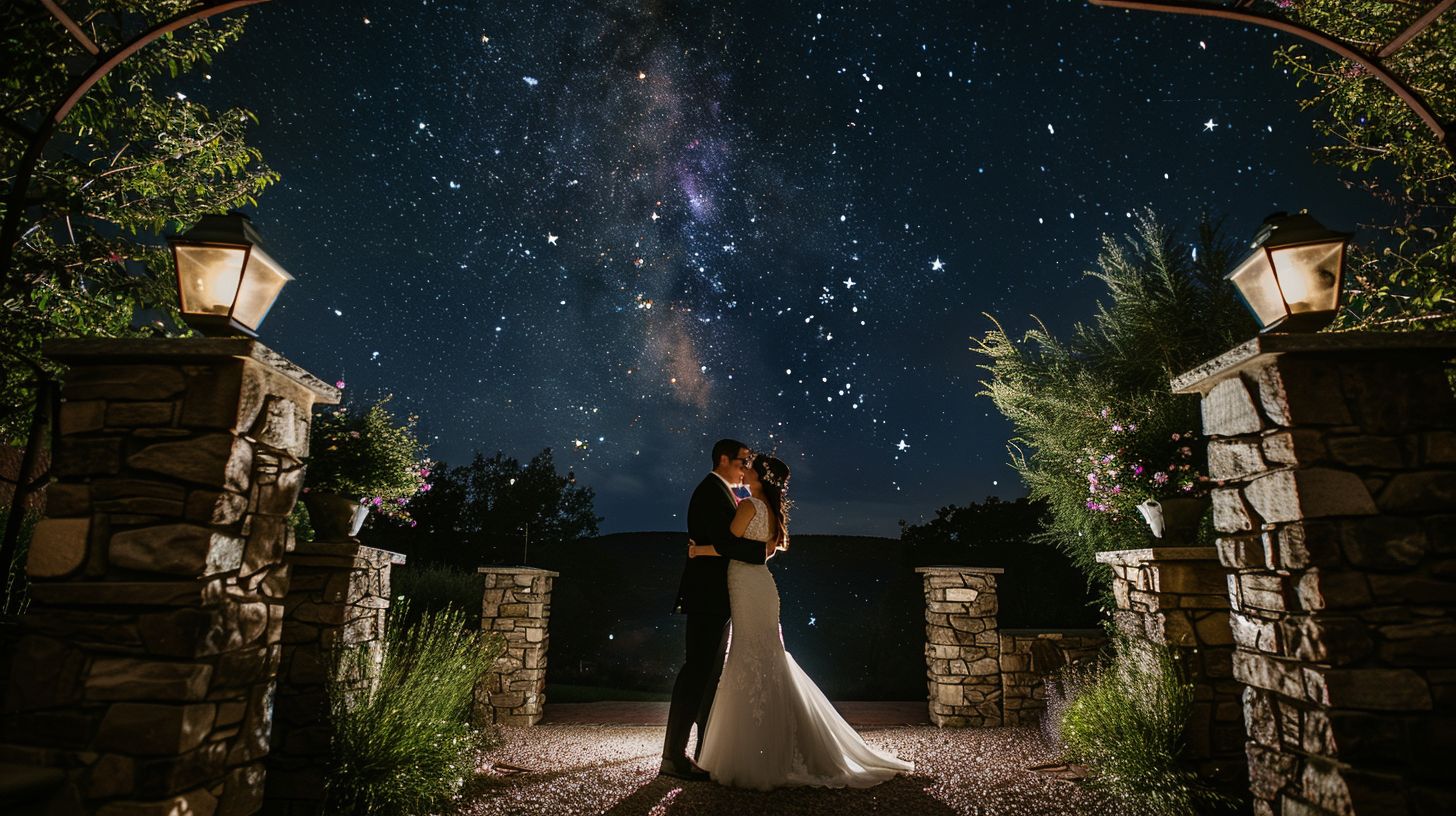 A bride and groom embrace under the stars in a courtyard setting.