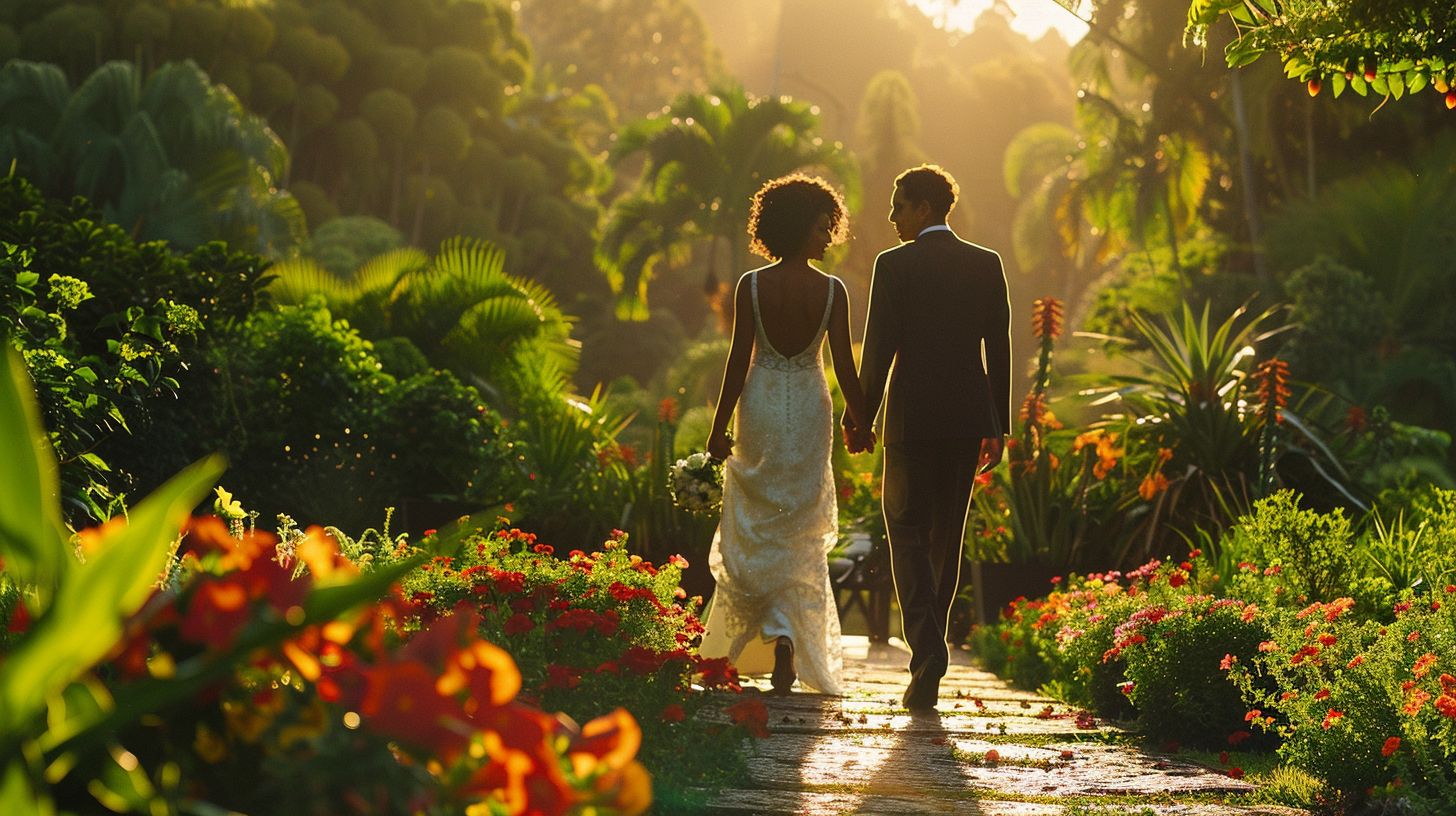 A newlywed couple enjoys a romantic evening stroll through a lush garden, capturing the scenery with a wide-angle camera.