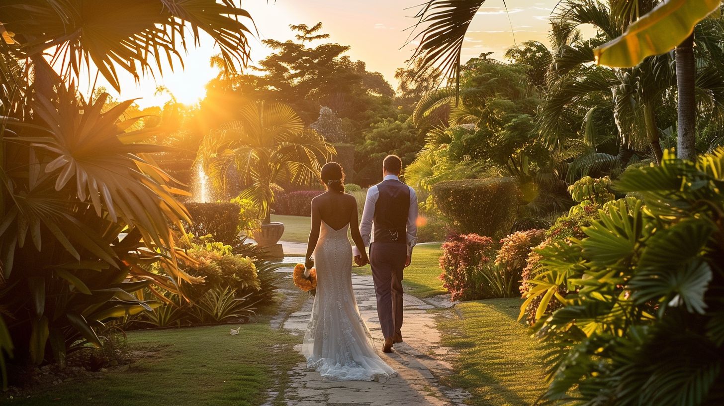 A newlywed couple enjoys a romantic evening stroll through a lush garden, capturing the scenery with a wide-angle camera.