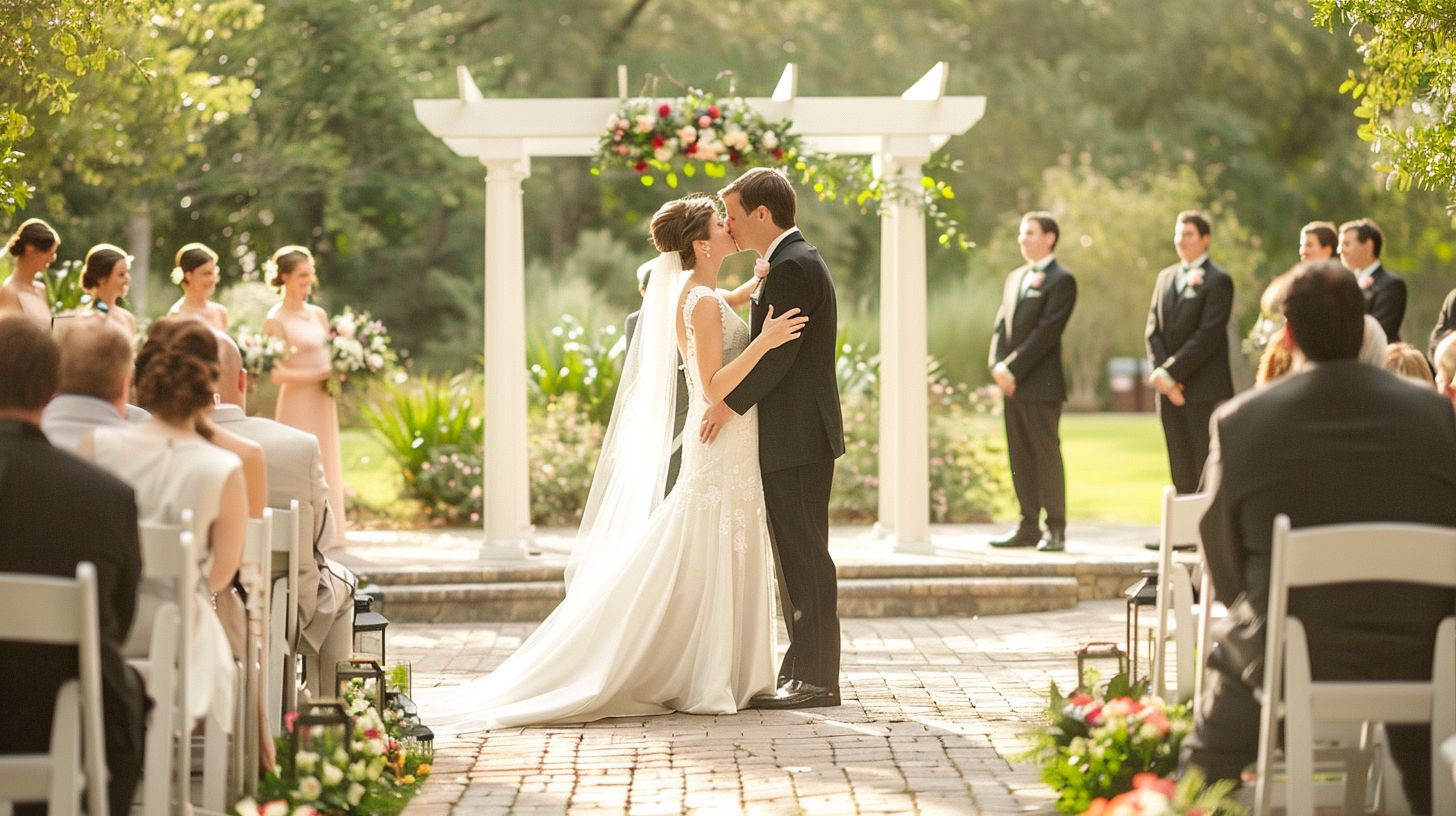 A newlywed couple is captured in a romantic outdoor ceremony area using a DSLR camera.