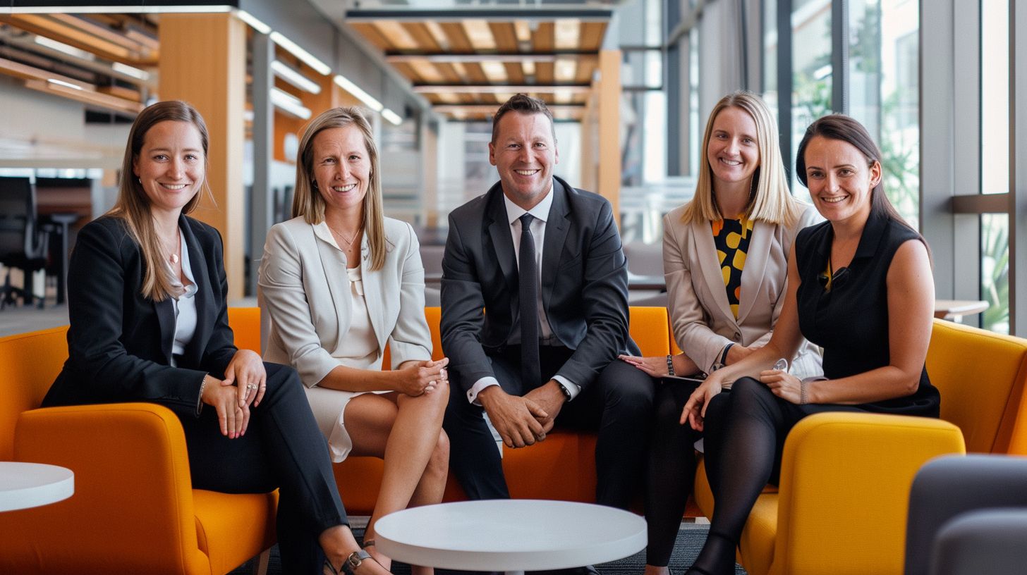 A professional team posing in a modern office for corporate photography.