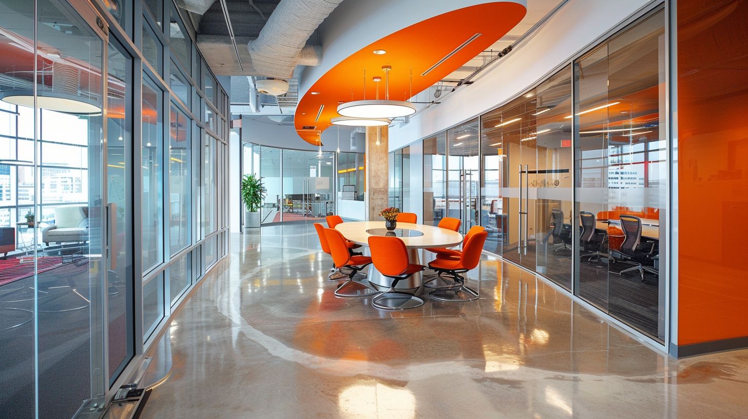 A modern and branded office space captured with a wide-angle lens.