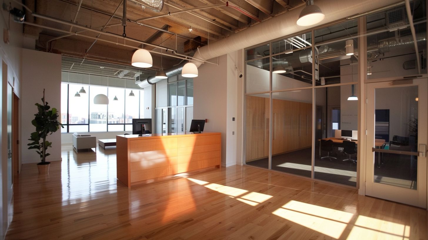 A modern and branded office space captured with a wide-angle lens.