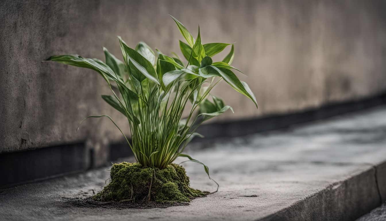 A thriving plant breaks through concrete in a bustling urban environment.