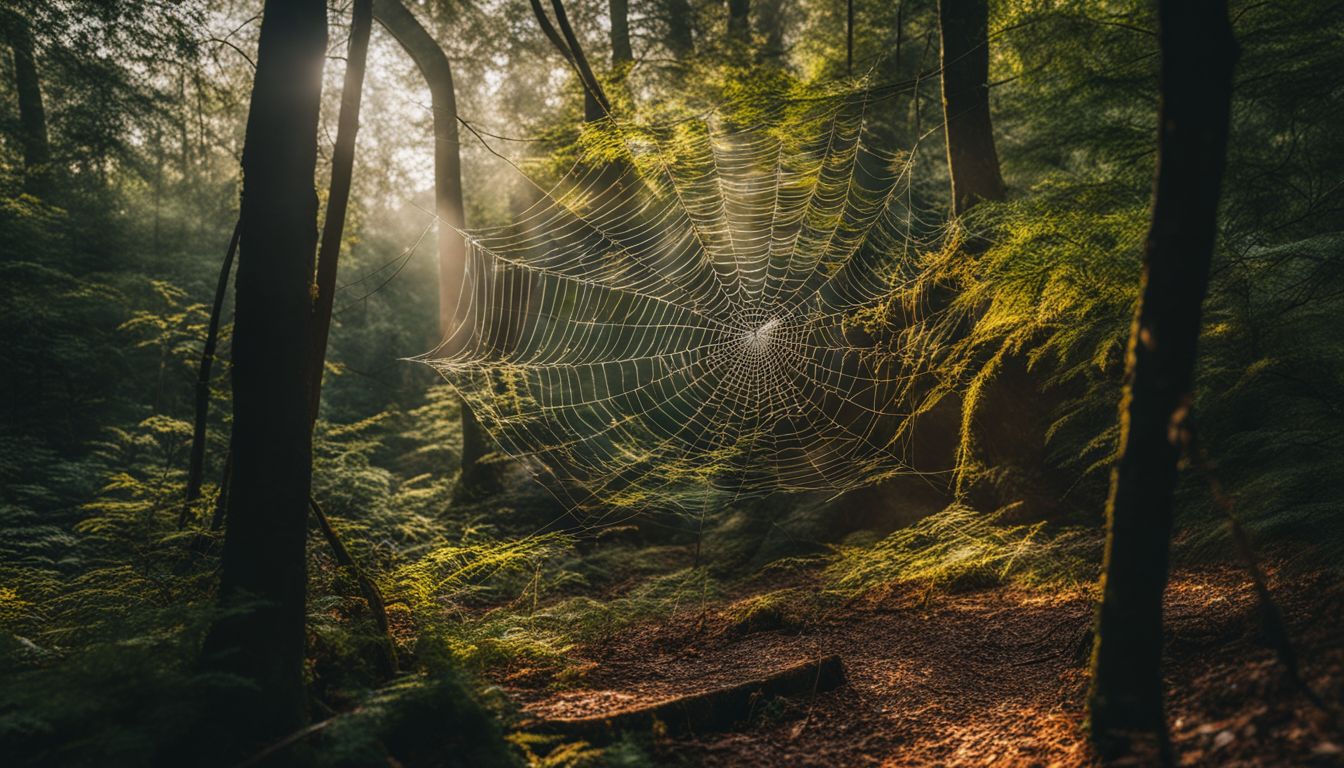 A detailed spiderweb in a vibrant forest without any people.