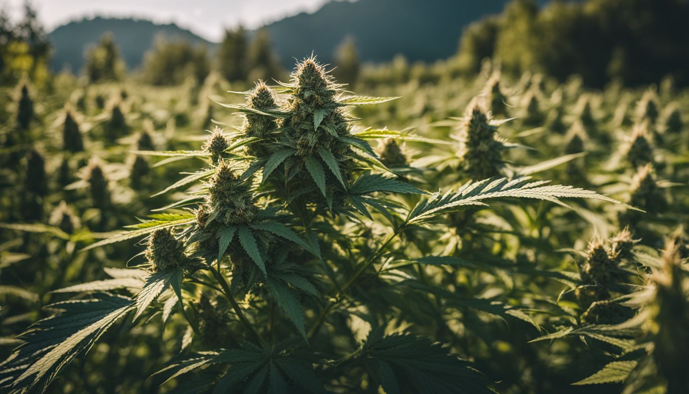 Une photo de près de plantes de CBD et de THC dans un champ de cannabis.