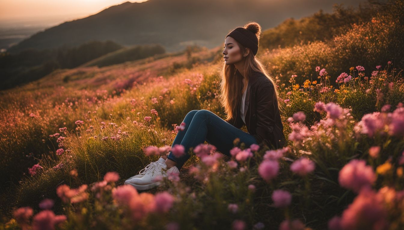 A person enjoying sunset surrounded by colorful flowers on a hill.