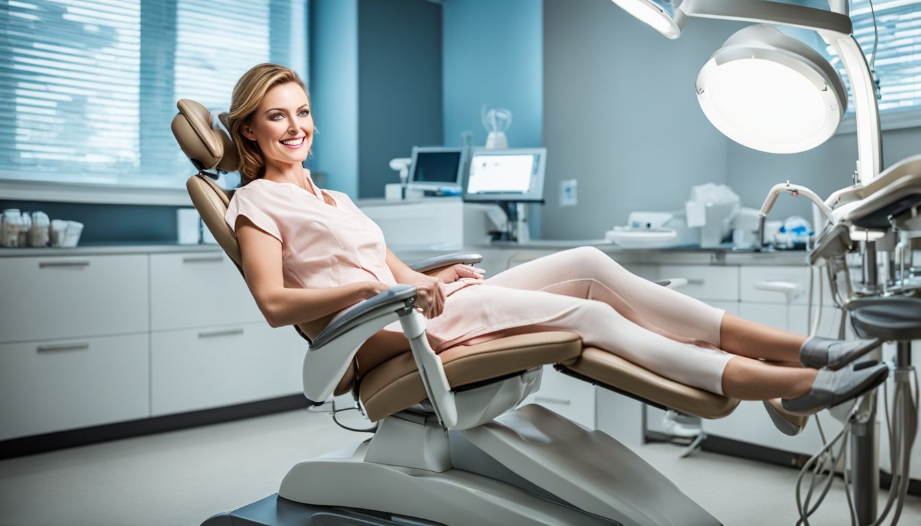 A smiling patient reclining in a modern dental chair surrounded by equipment.