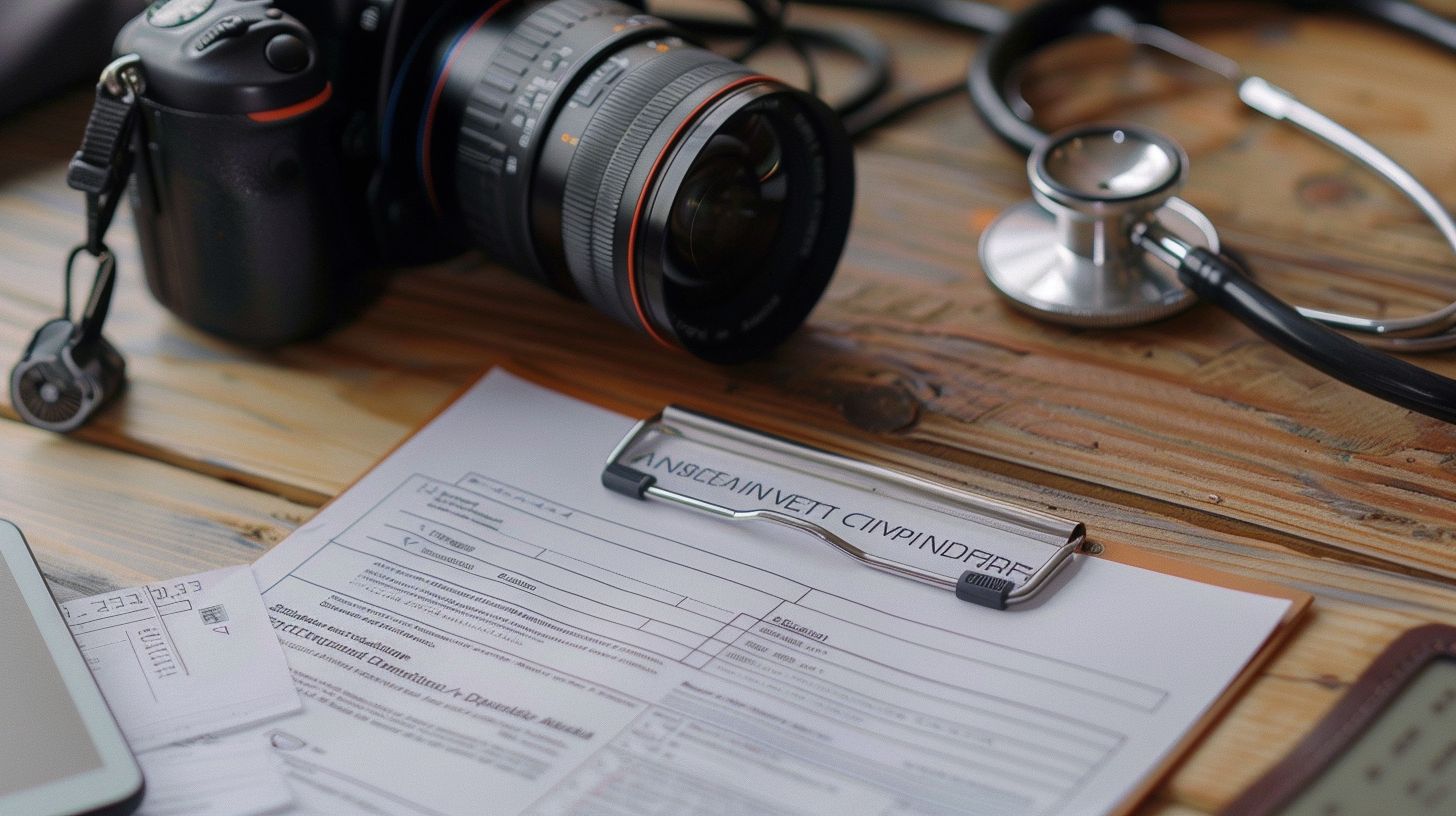 On a desk, there is a scuba diving medical form, stethoscope, and camera.