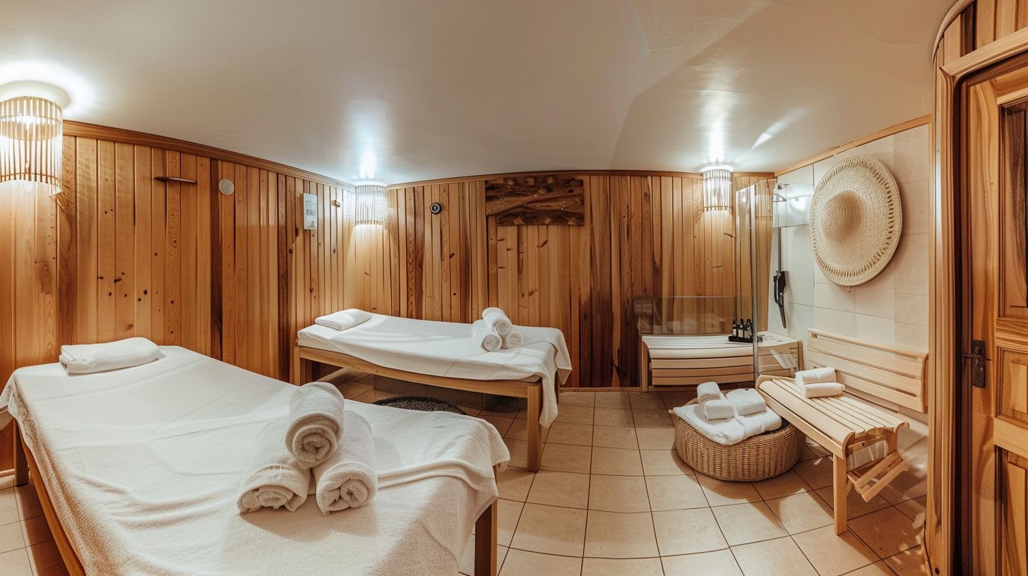 A tranquil spa room with a sauna and various spa treatments.