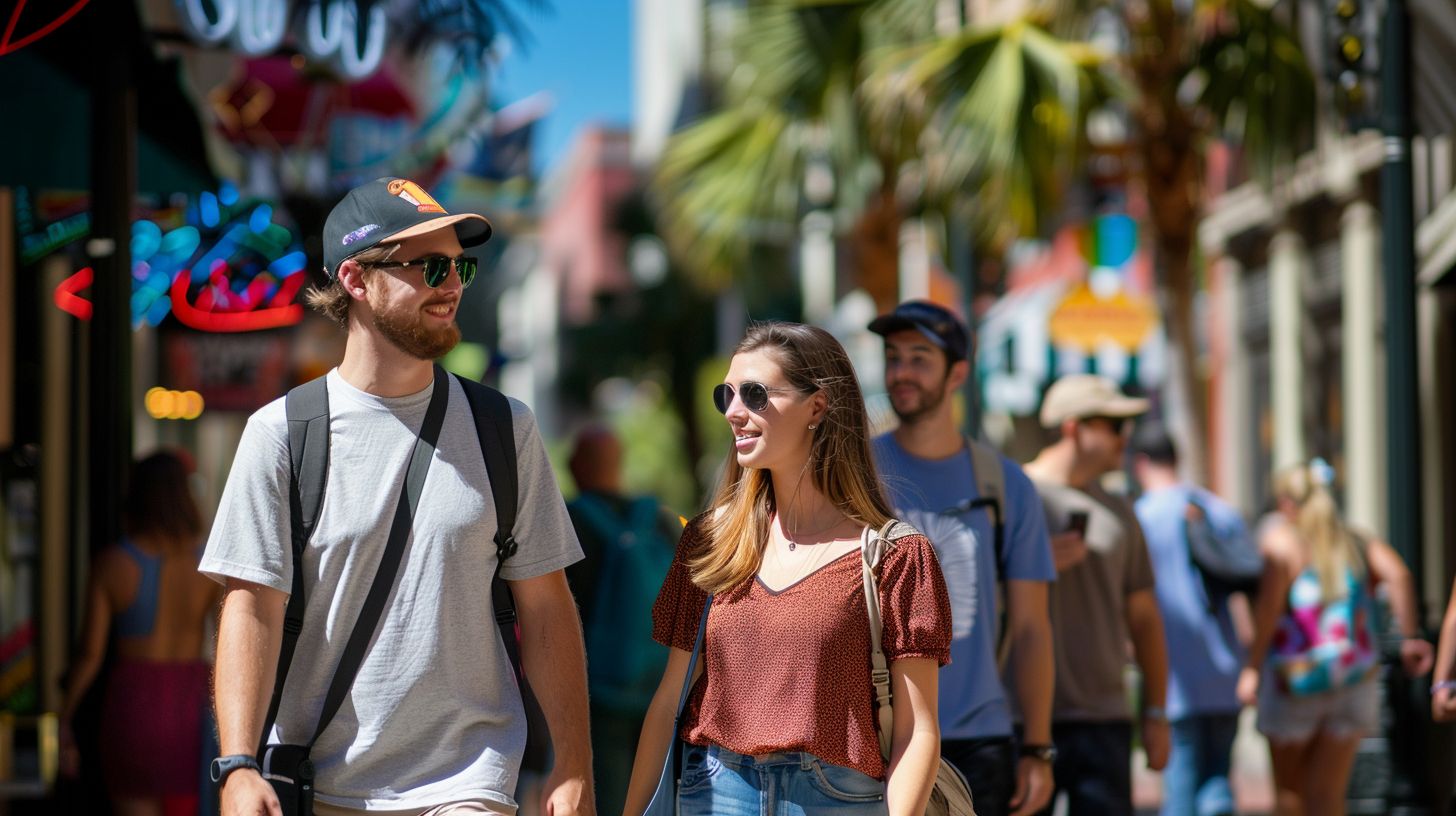 Couples stroll through vibrant Historic Ybor City.