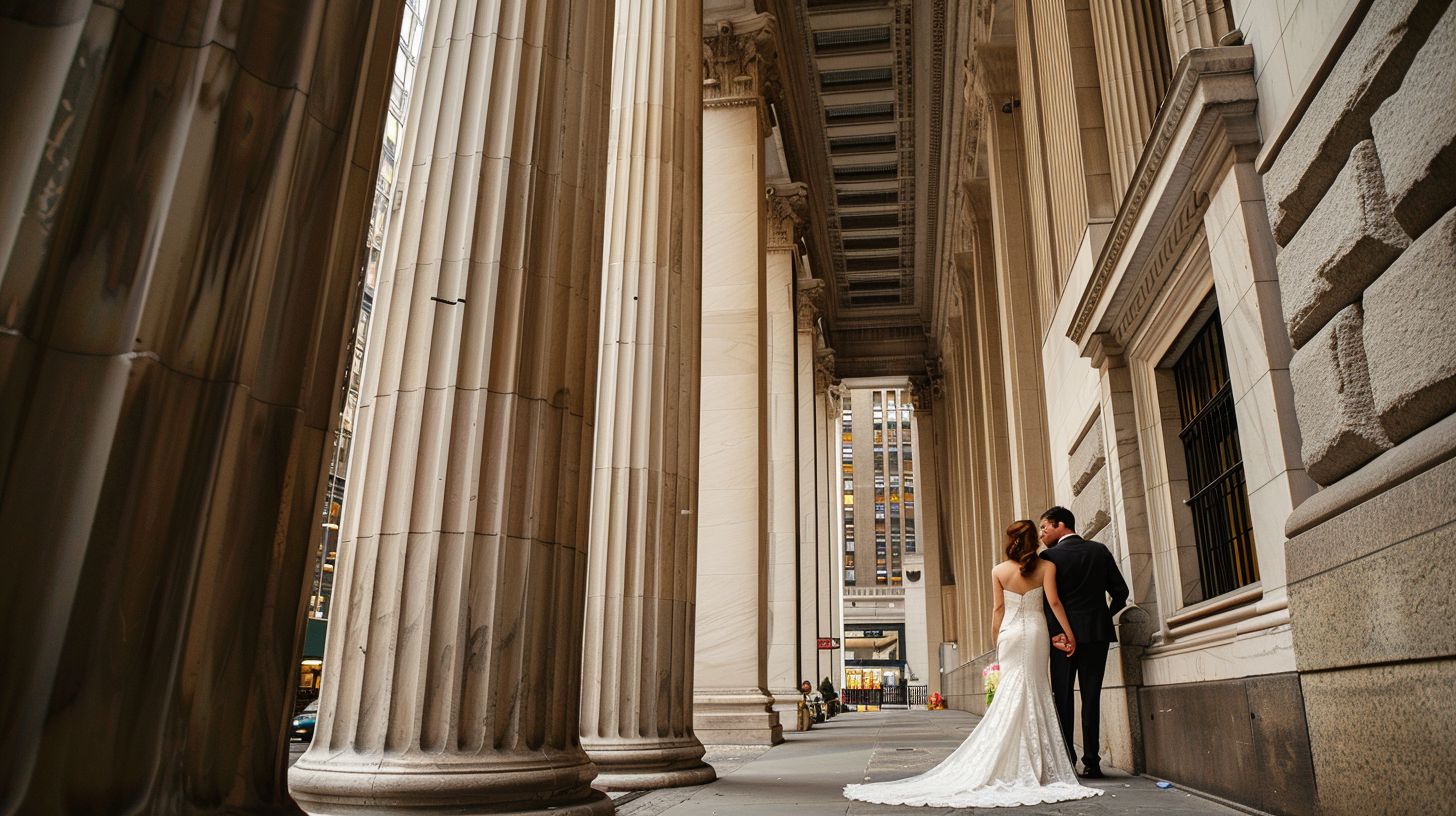 A bride and groom holding hands under marble columns in an urban setting.