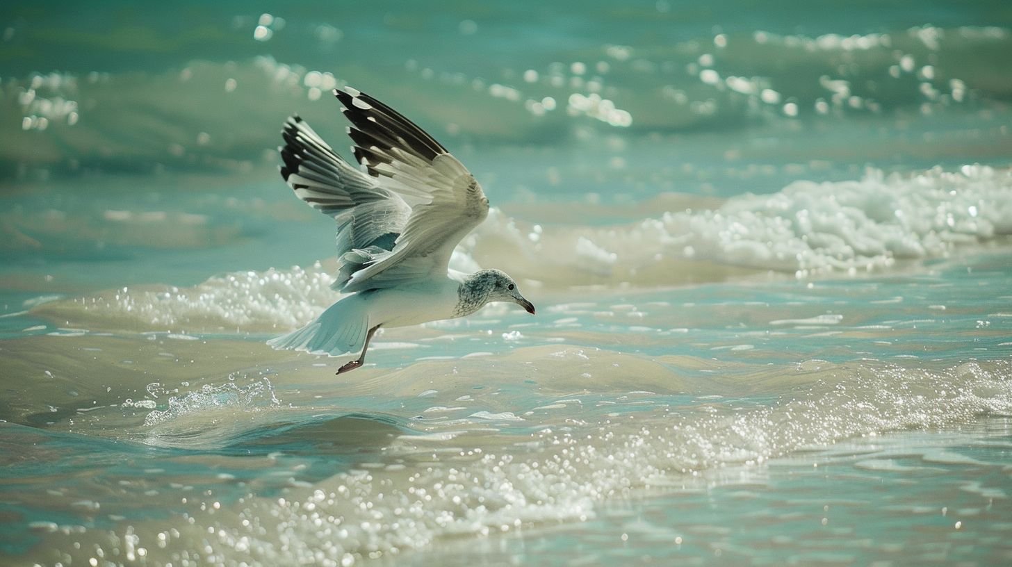 A seagull in flight over the clear waters of Clearwater Beach.