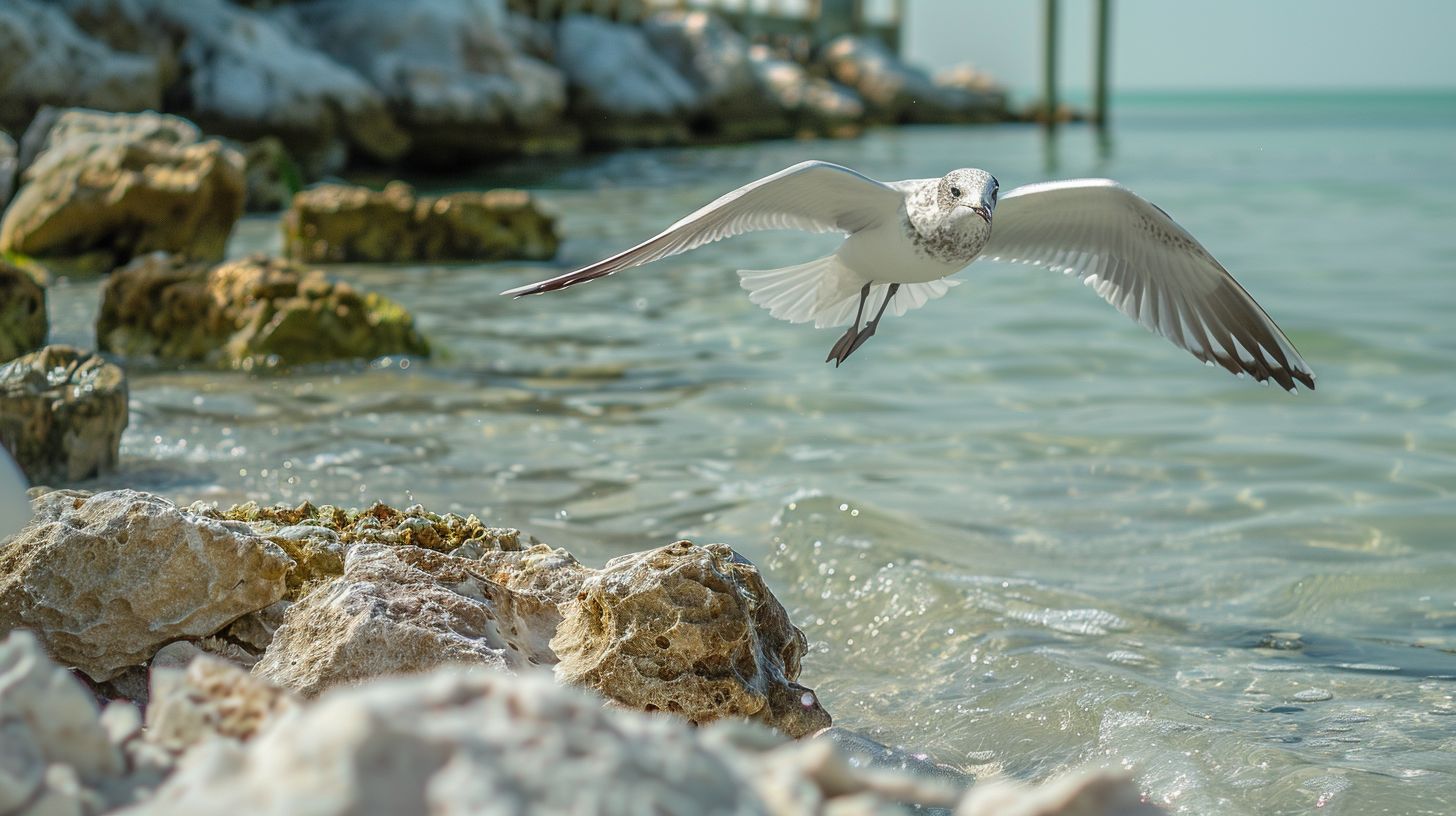 A seagull in flight over the clear waters of Clearwater Beach.