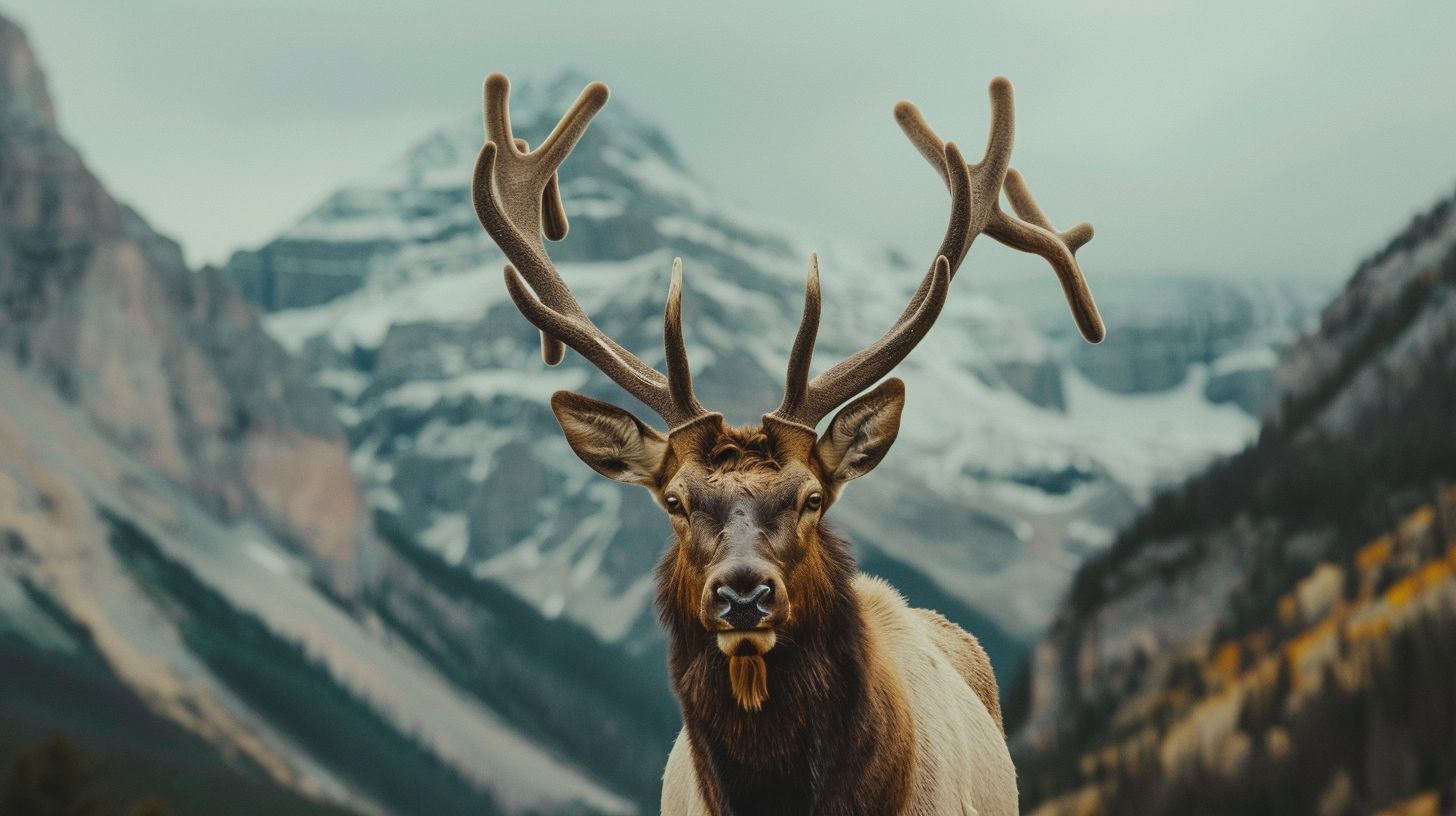 A majestic elk stands in front of a mountain backdrop in wildlife photography.