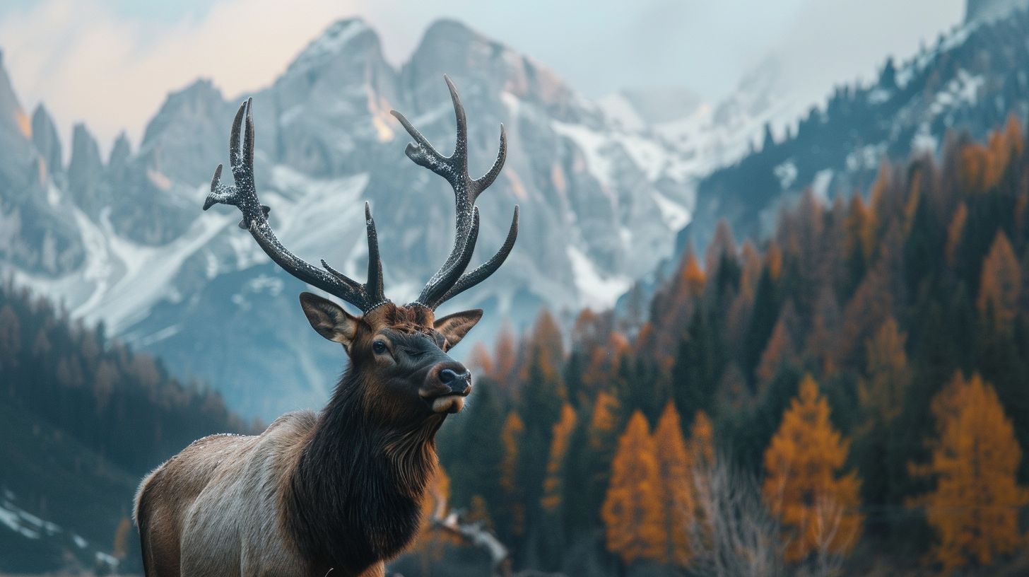 A majestic elk stands in front of a mountain backdrop in wildlife photography.