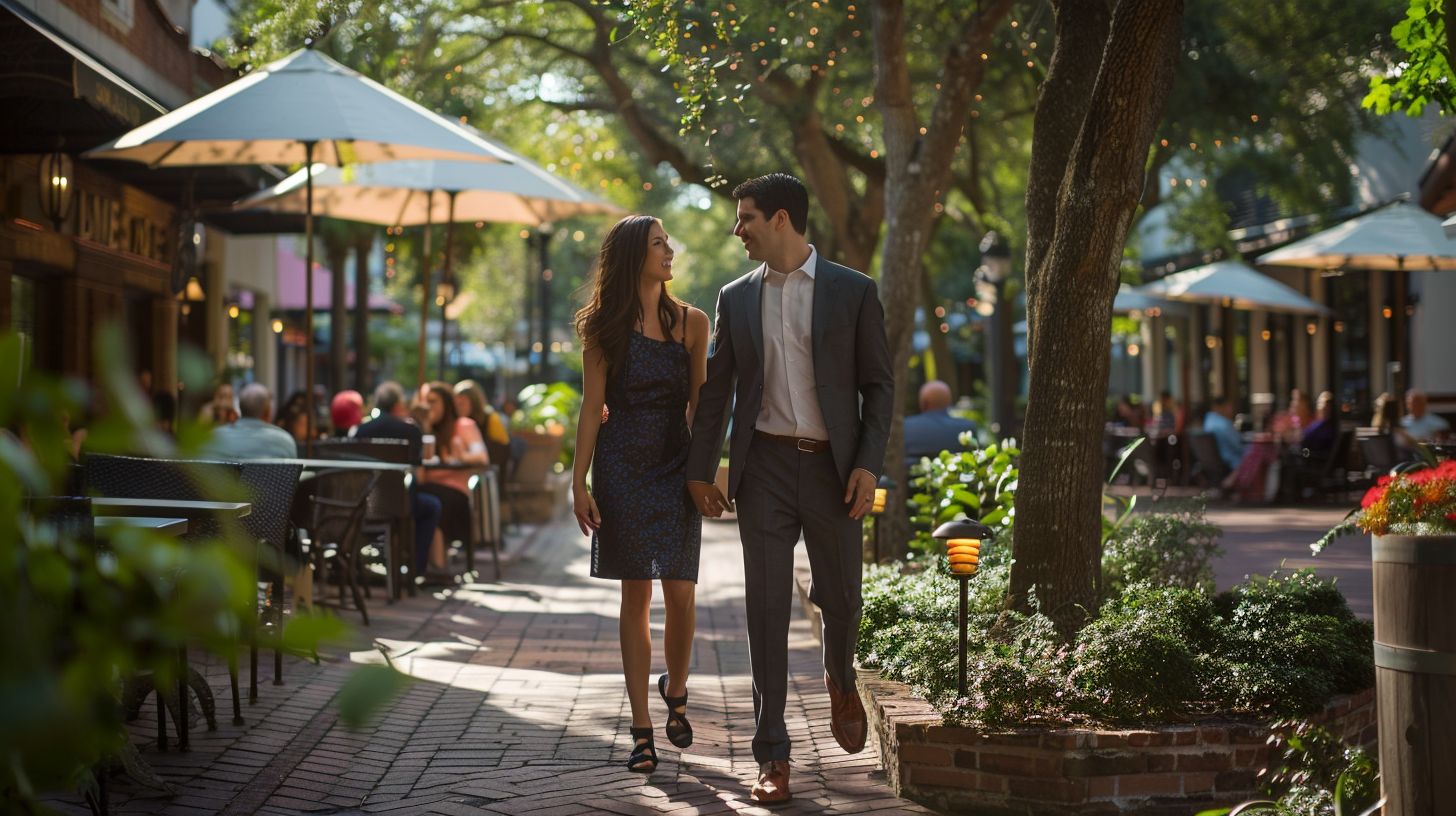 A couple strolling through Hyde Park Village captured with a wide-angle lens.
