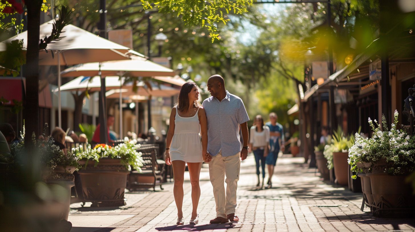 A couple strolling through Hyde Park Village captured with a wide-angle lens.