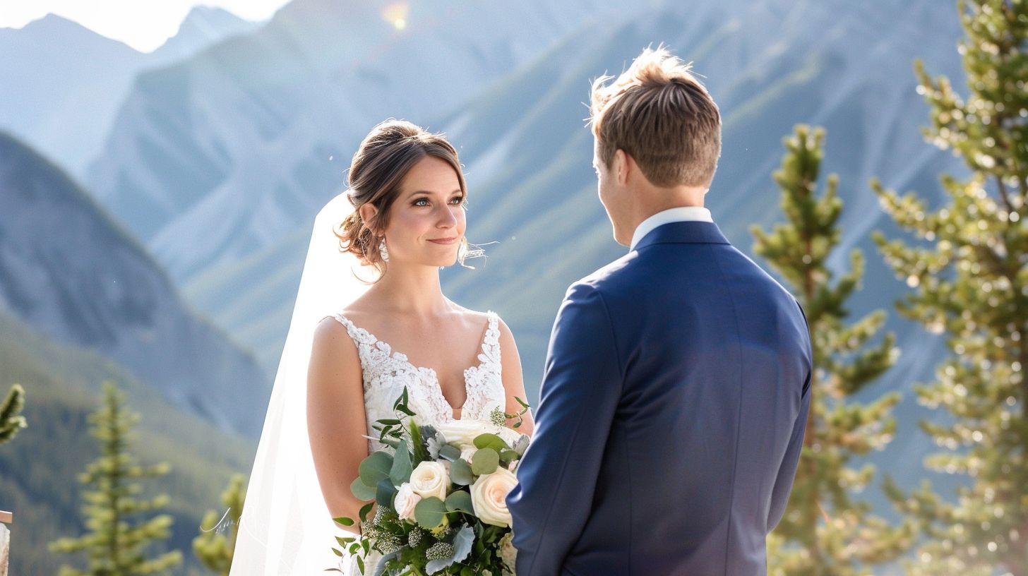 A bride and groom exchange vows with a mountain backdrop.