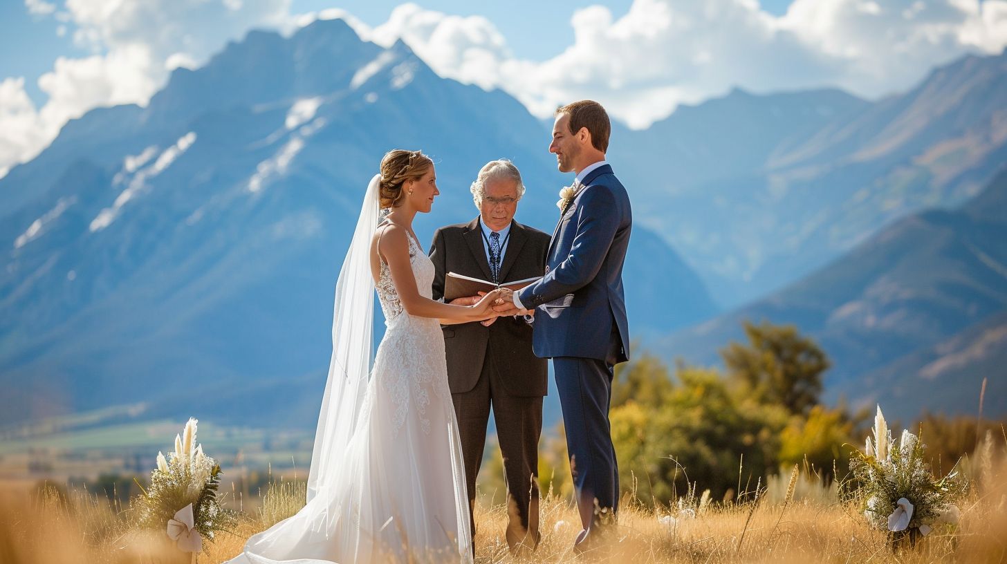 A bride and groom exchange vows with a mountain backdrop.