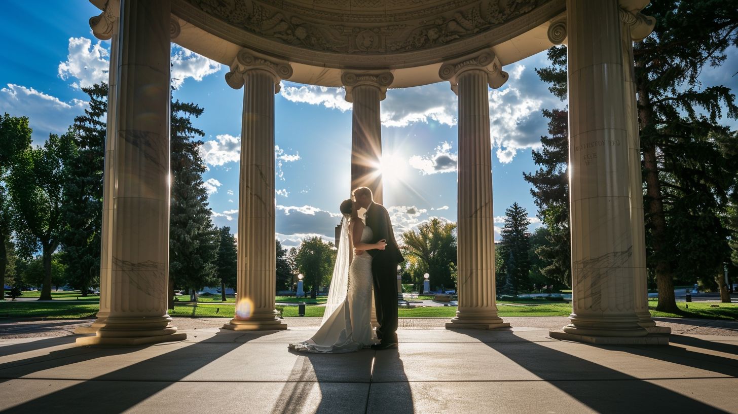A bride and groom kissing under marble columns at Cheesman Park Pavilion.