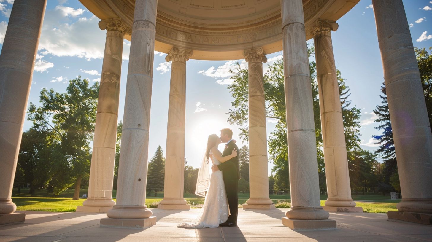 A bride and groom kissing under marble columns at Cheesman Park Pavilion.