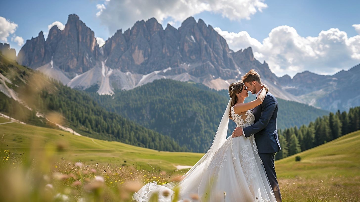 A newlywed couple embracing with a mountain backdrop captured using a wide-angle lens for expansive scenery.