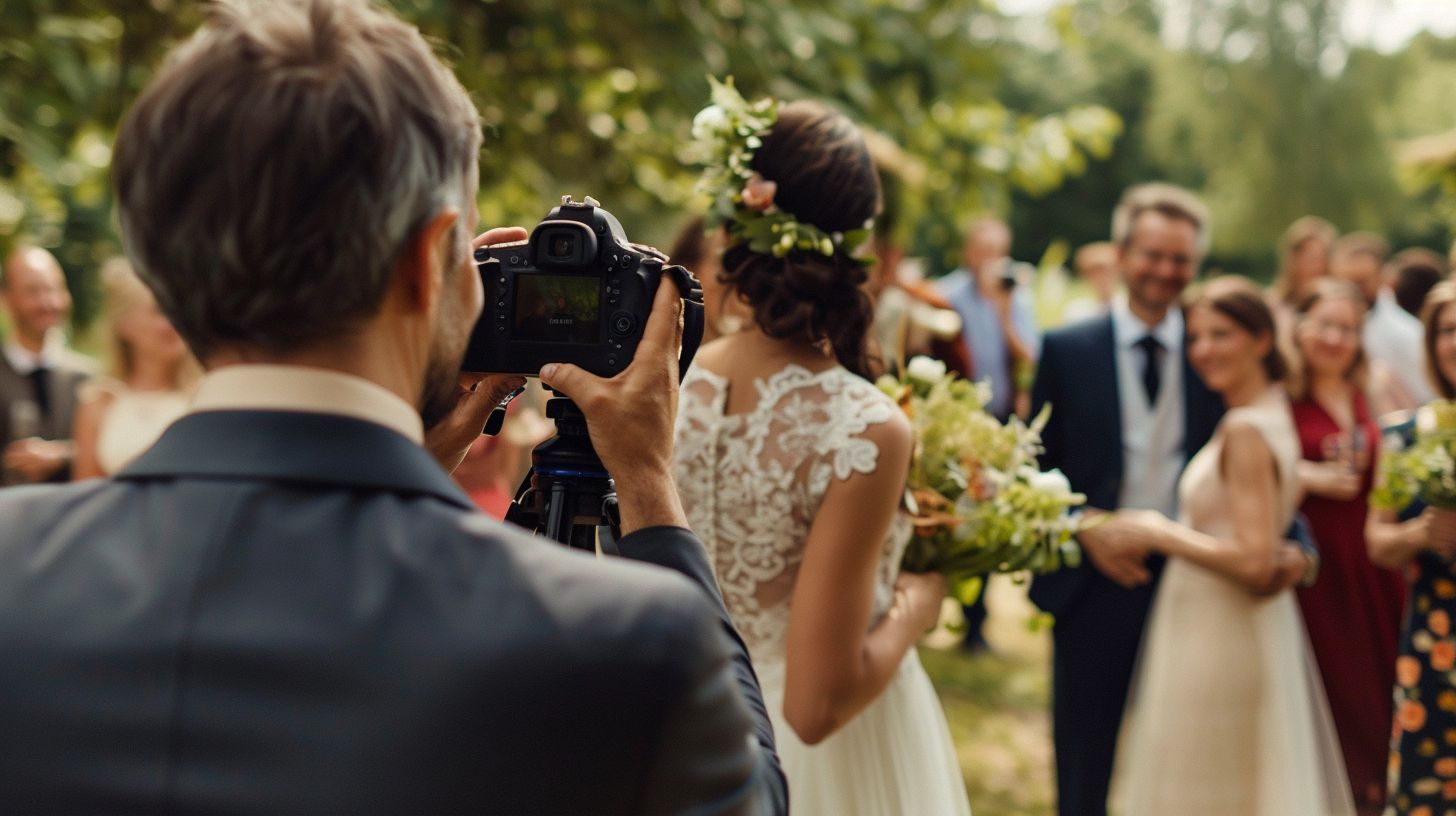 A wedding photographer captures candid moments of guests with a full-frame camera and 50mm prime lens.