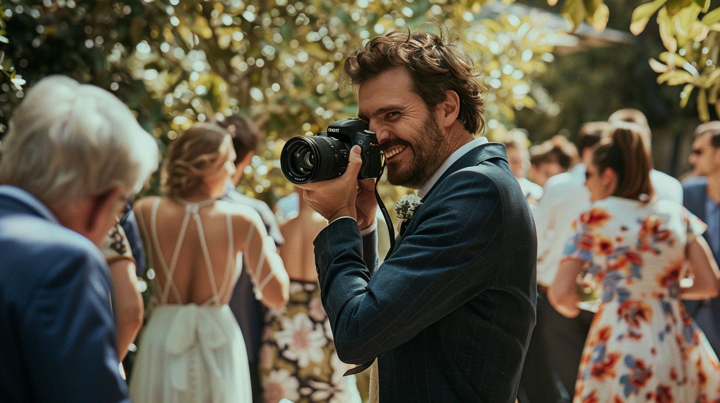 A wedding photographer captures candid moments of guests with a full-frame camera and 50mm prime lens.