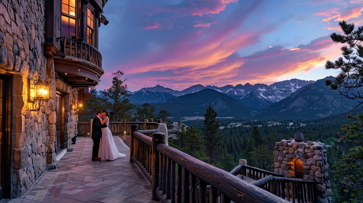 A couple stands on a balcony at Della Terra Mountain Chateau with Rocky Mountain National Park in the background.