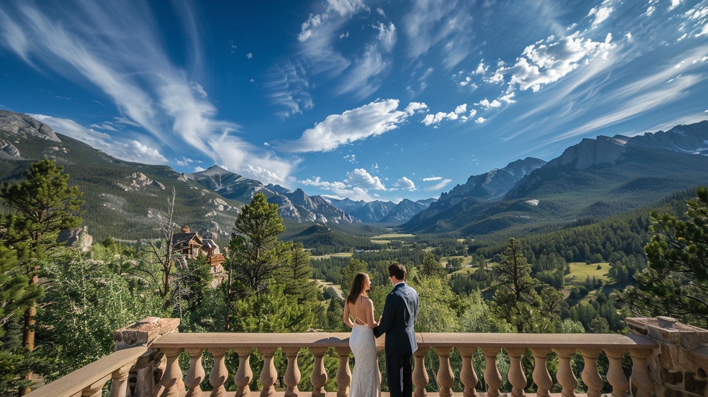 A couple stands on a balcony at Della Terra Mountain Chateau with Rocky Mountain National Park in the background.